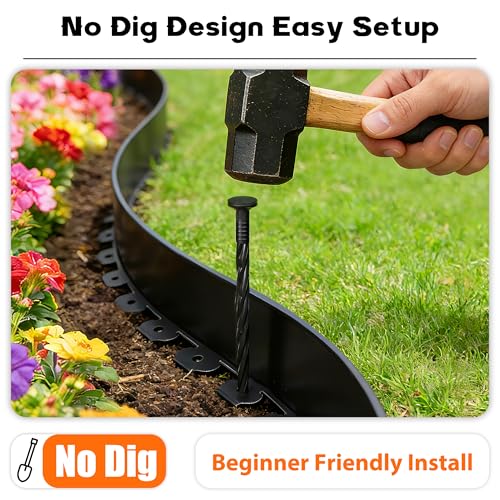 Landscape Edging 4 Inch Tall No Dig Garden Edging Border 60FT with 60 Metal Stakes (Black / 60FT Border)