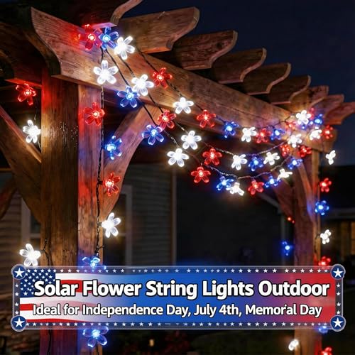 50 LED Solar Flower String Lights Outdoor Waterproof Fairy Lights (Red White&Blue / 1 Pack)