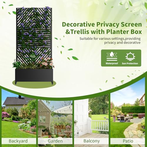 Metal Planter Box with Trellis and Wheels (Black / Rectangular B)