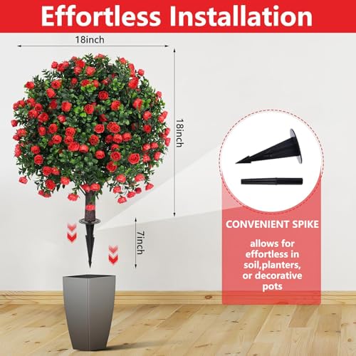 2 Pack Artificial Rose Topiary Ball Trees with Ground Spike (Red Rose)
