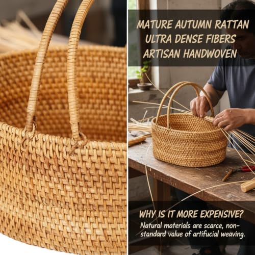 Rattan Picnic Basket with Handle (brown / Medium Oval – 14 x 10.2 x 6 in)