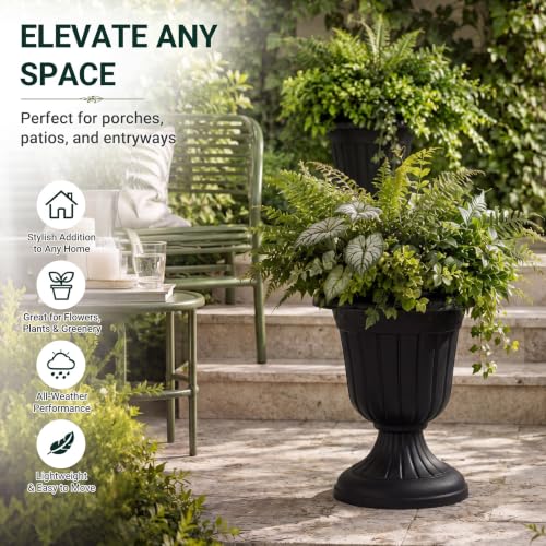 4 Pcs 16 x 18 Inches Black Plastic Urn Planter Classic Flower Pots Front Porch Planters Indoor Outdoor Planters with Pedestal for Wedding Party Bridal Shower Garden Patio Porch (16 x 18 Inches / Black)