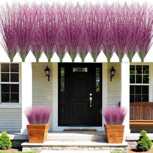 48 Bundles Artificial Grass Plants Outdoor Tall Faux Shrubs Greenery Stems Fake Onion Grasses Wheat UV Resistant for Outside Garden Indoor Office Home Decor（Pink） (Pink / 48Pcs)