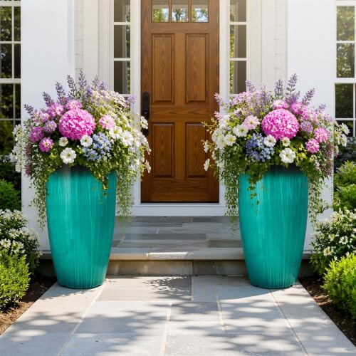 Autodaya 24" Faux Ceramic Large Planters for Outdoor Plants (24"-turquoise Teal)