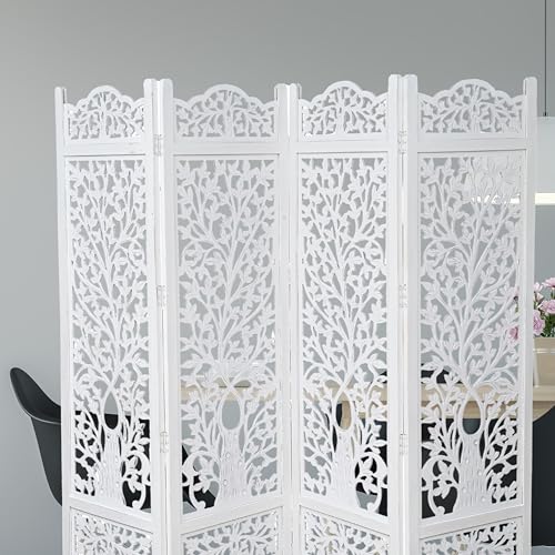 Room Divider Wooden Foldable Hand Carved Screens Panel 80" Wx72 H 4Panel (Antique White / 80"W x 72"H - Tree)