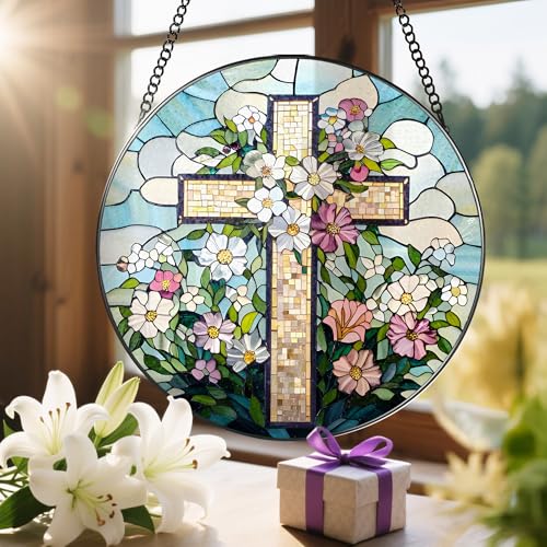 8'' Christian Stained Glass Suncatcher Ornament (Cross-c)