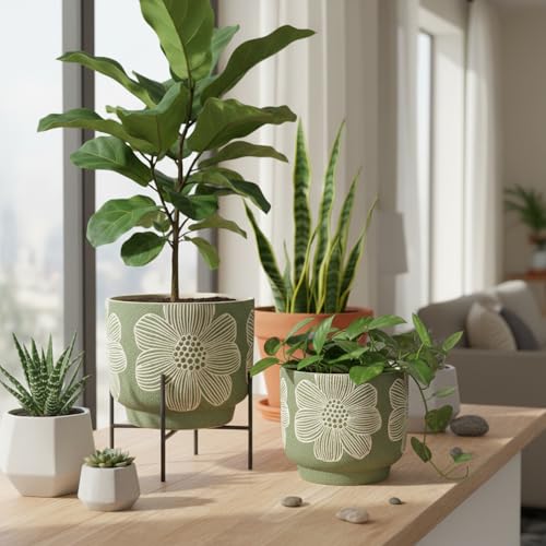6 Inch Ceramic Plant Pots with Drainage Holes for Indoor Plants (6 Inch - 1 Pack / Modern Green Floral)