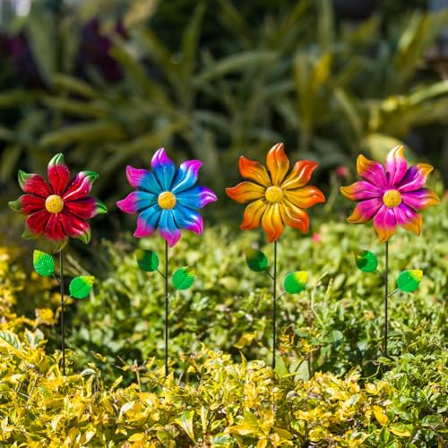 4 Packs Metal Flowers Wind Spinners Outdoor (Flowers-gradient)