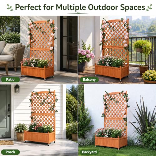 Trellis Raised Garden Bed with Wheels Trellis for Climbing Plants Outdoor (Red Brown / H63 × W36 × D17.5 in)