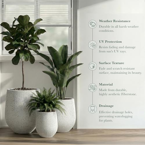 Signature Mount Wilson Modern Indoor Outdoor Fiberstone Tapered Planter (Ribbed White / 11'' D x 12'' H)