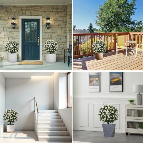 2 Pack Artificial Boxwood Topiary White Mum Flowers 24 UV Resistant Outdoor (Boxwood-daisy)