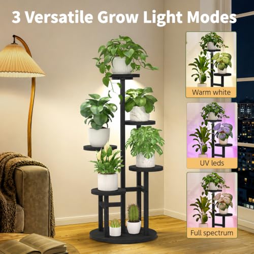 Wood Small Plant Stand Table Indoor Tall with Lights (Natural Black with Light / 5 Tier)