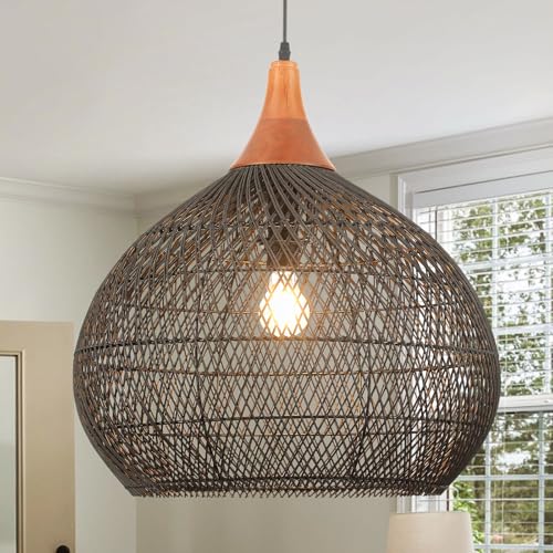 Large Black Rattan Pendant Light (Wood + Black Rattan / D 20", Extra Large)