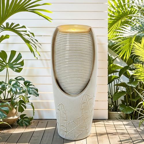 32" H Outdoor Garden Fountain with LED Lights (Beige Glaze Pattern 32"h-leaf)