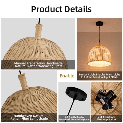 13.8" Rattan Pendant Light (Black+Rattan / 13.77" 3-Light)