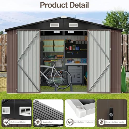 9.8x7.6 FT Shed Outdoor Storage Shed with Base (Brown / 9.8'x7.6')