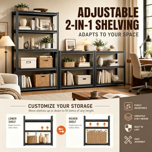 Heavy Duty Wood Bookshelf Adjustable 5 Tier Book Shelf with guard rail (Wood 72"H×35.4"W×15.7"D)