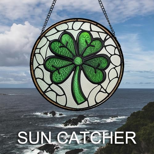 Lucky Clover Stained Glass Window Hanging Suncatcher Gift for Mom 6.3" (White and Green / 6.3x6.3 IN)