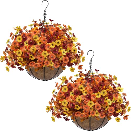 2 Sets Artificial Fall Mums Hanging Flowers Plants Baskets (Orange, Yellow, Red)