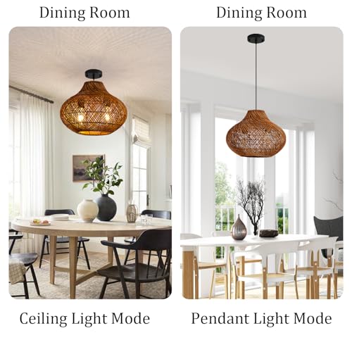 15" Rattan Pendant Light (Metal+Brown / 14.96" 2-Light)