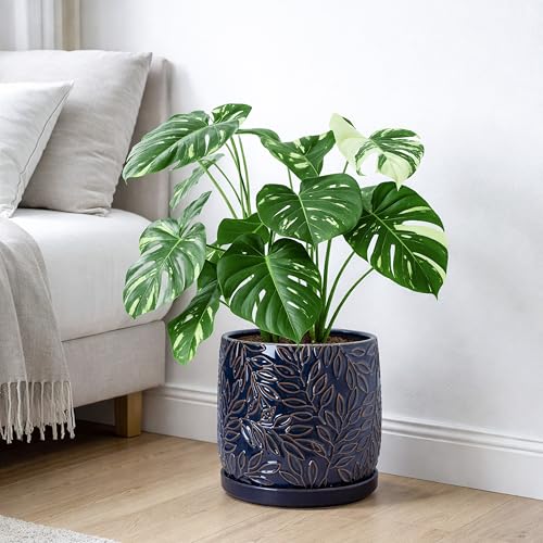 Embossed Leaves Ceramic Planter (10 Inch / Midnight Blue)