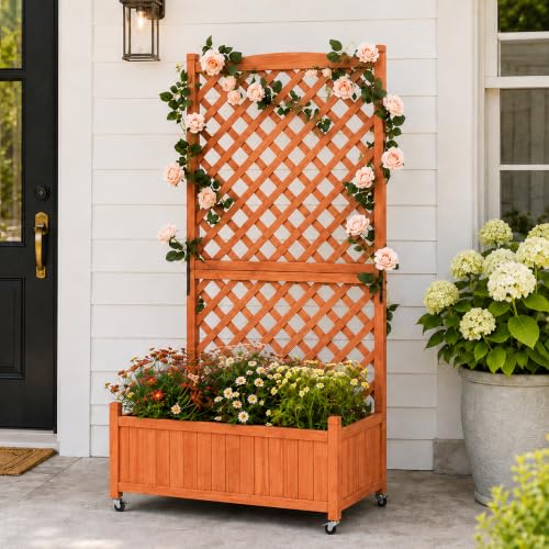 Trellis Raised Garden Bed with Wheels Trellis for Climbing Plants Outdoor (Red Brown / H63 × W36 × D17.5 in)