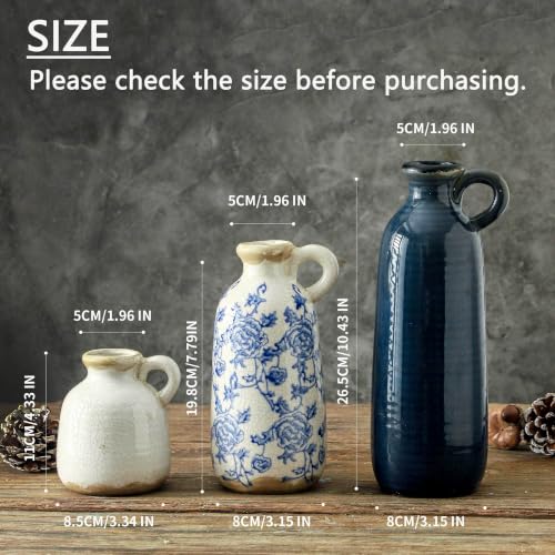 Ceramic Vase Set of 3 with Handle (010 - Vintage Blue)