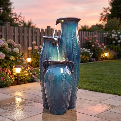 30" Ceramic Vase Water Fountain Outdoor with LED Lights (Turquoise Cascading Vase 29.5"h)