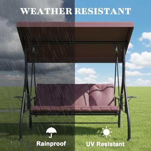 3 Seat Patio Porch Swing with Adjustable Canopy and Stand (Brown / with cup holder)