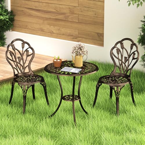 Outdoor Bistro Table and Chairs Set of 2 (Tulip / Bronze)