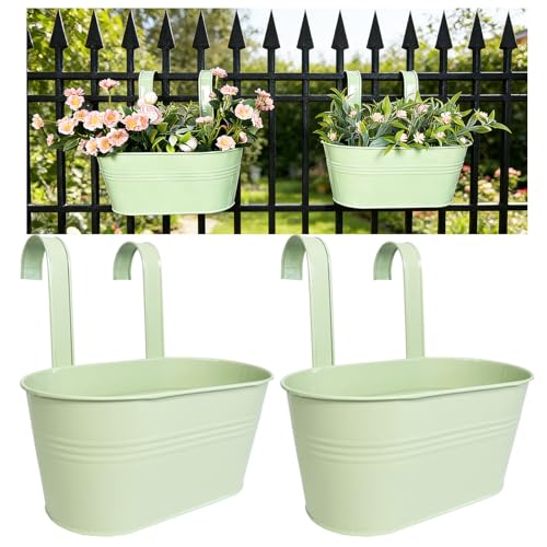 2 Pack 10" Balcony Hanging Metal Fence Planters Flower Pots (Mint Green)