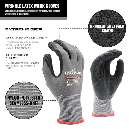 12 Pack Safety Performance Series Construction Mechanics Wrinkle Latex Work Gloves