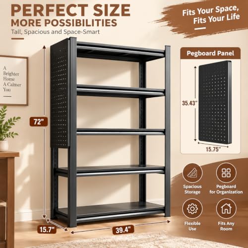 Heavy Duty Metal Bookshelf Adjustable 5 Tier Book Shelf with Bolt (Pegboard 72"H×39.4"W×15.7"D)