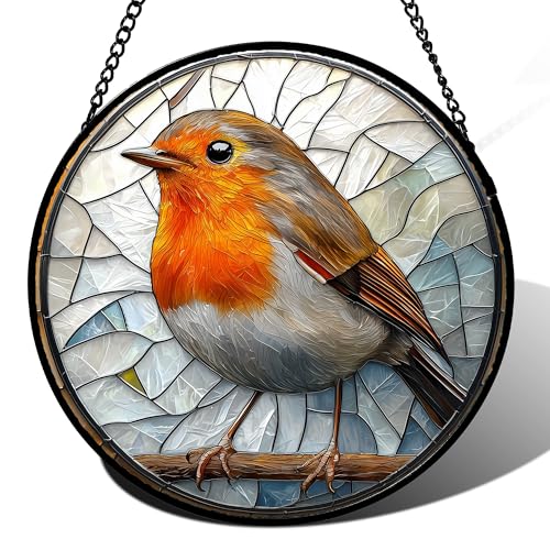 Brown Robin Stained Glass Window Hanging Suncatcher Gifts for Women 12" (Orange-white / 11.8x11.8 IN)