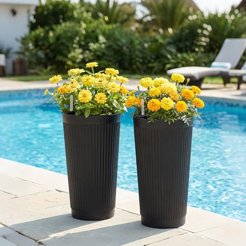 Set of 2 Large Round Tall Planter for Indoor or Outdoor 24" Flower Pots for Porch (Round Ribbed Black / 24")