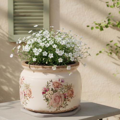 Shabby Chic Ceramic Plant Pots with Decorative Saucer (Pink / 7.7 in - w/ Saucer)
