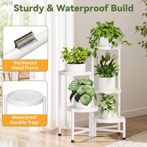 Plant Stand Indoor Outdoor with Large 10 Inch Plastic Tray (Snow White with Large Tray / 5 Tier)