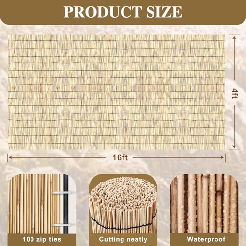 Bamboo Fence Bamboo Screens Outdoor for Patio (4×16FT / Natural color)