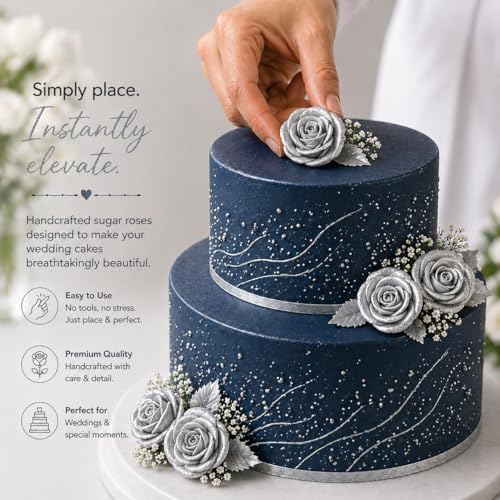 Metallic Edible Shimmering Christmas Silver Roses (Silver)
