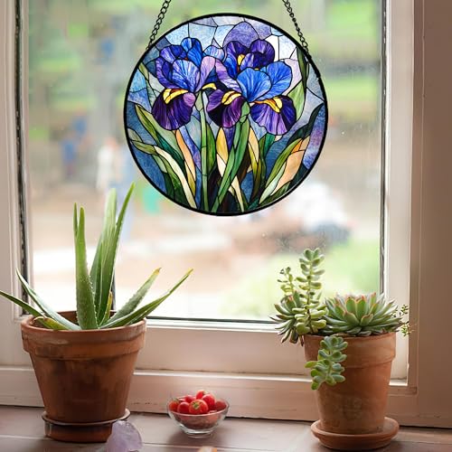 Blue Purple Iris Flowers Stained Glass Window Hanging Suncatcher Gifts 15" (Purple / 15x15 IN)