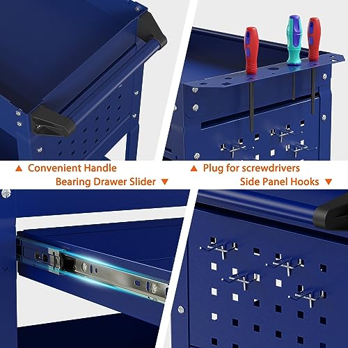 3 Tier Heavy Duty Rolling Tool Cart with Drawers (Deep Blue)