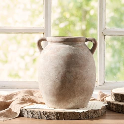 Ceramic Flower Vase 7.6 inch Farmhouse Rustic Vase Decorative Pottery Terracotta Vases for Home Decor Table Mantle Fireplace Living Room Bathroom Wedding Centerpiece