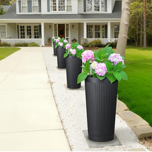 Self Watering Tall Planters Set of 2 (Black-round Ribbed)