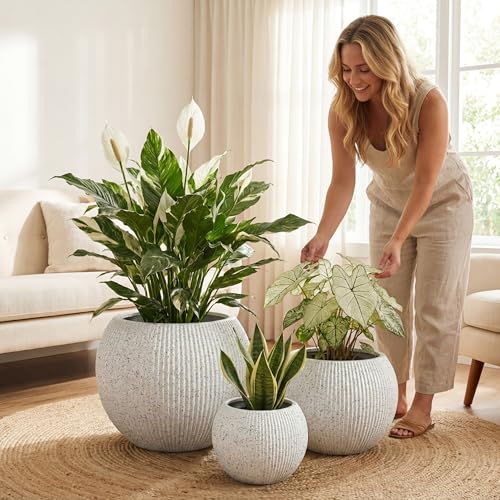 Premium Mt Sherman Fiberstone Sphere Planter for Indoor Outdoor Use (Ribbed White / Medium 16.1''D x 13.6''H)