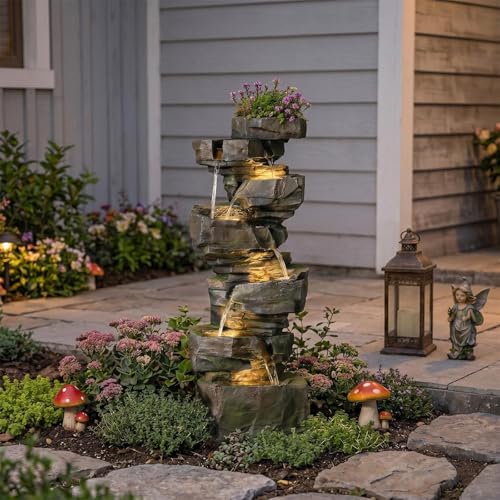 48H Large Rock Cascading Outdoor Water Fountain with 6 Tiers (48H / Gray-rock)