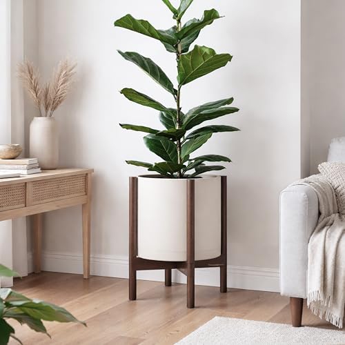 Plastic Pot with Walnut Wood Stand (Oatmeal Pot + Walnut Color Stand / 12 Inch)