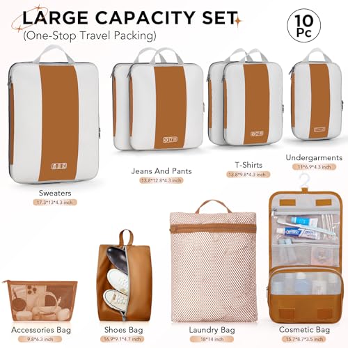 10 Set Compression Packing Cubes for Travel Essentials (Brown)