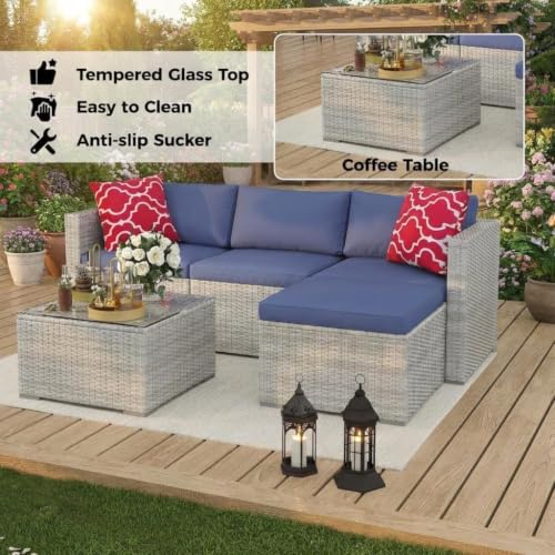 5 Piece Outdoor PE Wicker Patio Sofa Set (Grey/Blue / 5 Pieces)