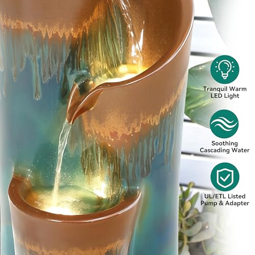 32" Ceramic Outdoor Water Fountain w (Teal & Copper Drip Glaze 32"h-sphere)