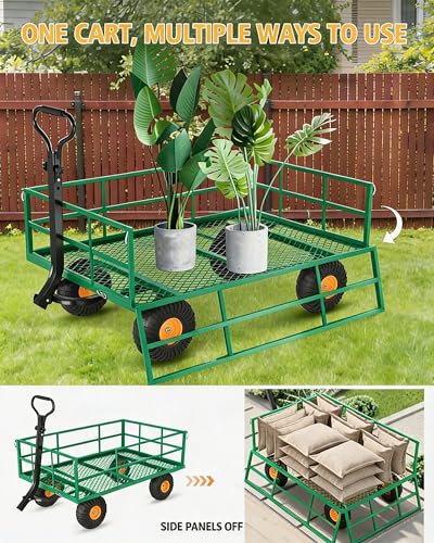 Heavy Duty Steel Garden Cart 1200 LBS Capacity 3 in 1 Pullable Garden Wagon with 13 in Wheels for Gardening Soil (Green and Orange / 1200 lbs)
